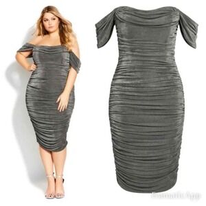 City Chic Ruched Off the Shoulder Dress in Gray Gunmetal Luminosity Dress 22